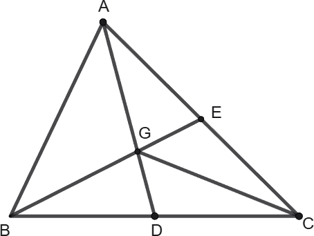 Triunghiul ABC, cu D mijlocul laturii BC, E mijlocul laturii AC și G punctul de intersecție al segmentelor AD și BE.