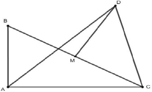 Triunghi dreptunghic ABC și triunghi dreptunghic isoscel CMD, cu M mijlocul segmentului BC și unghiul CMD de 90 de grade.
