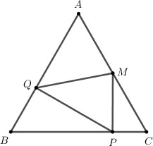 Triunghi echilateral ABC, M este mijlocul lui AC, P este proiecția lui M pe BC, iar Q este proiecția lui P pe AB.