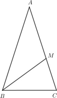 Triunghi isoscel ABC, cu punctul M pe latura AC și segmentul BM trasat.